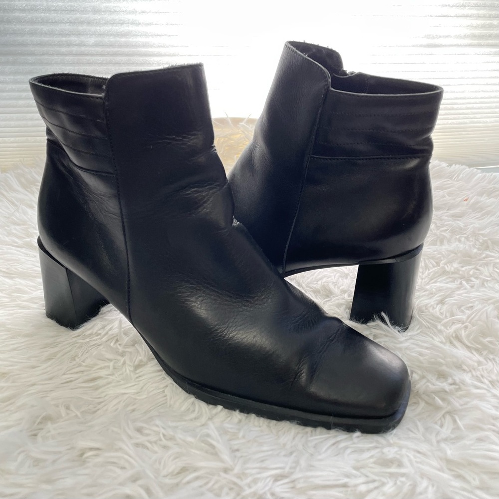 Ecco Black Italian Leather Square Toe Ankle Booties side zip size 7